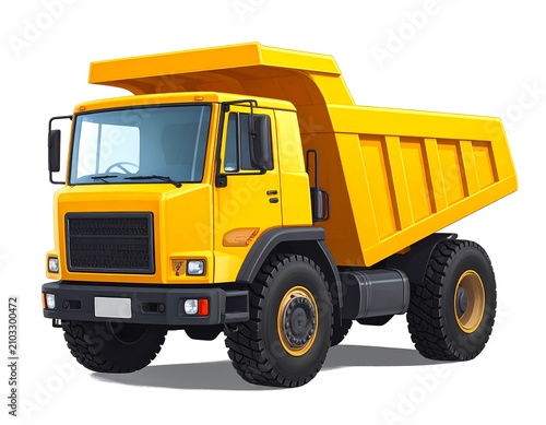 Bright yellow dump truck on white background.