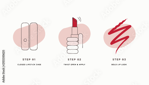 Fényképezés Step-by-step guide on how to apply lipstick, showcasing three distinct stages: closing the case, twisting and applying, and the final rolled-up look