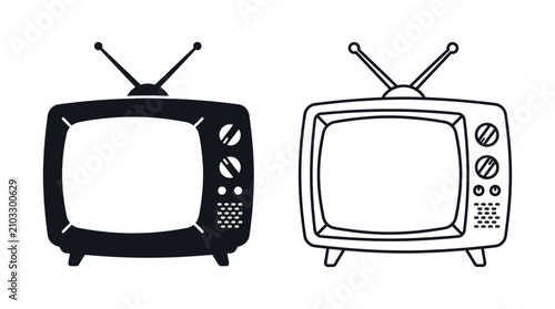 Vintage Television Set Silhouette On White Background Two Versions