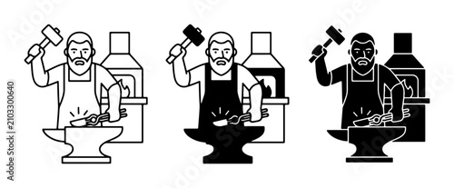 фотографія Blacksmith Icon Set: Crafting Metal with Hammer and Anvil, Forge Fire, Industria
