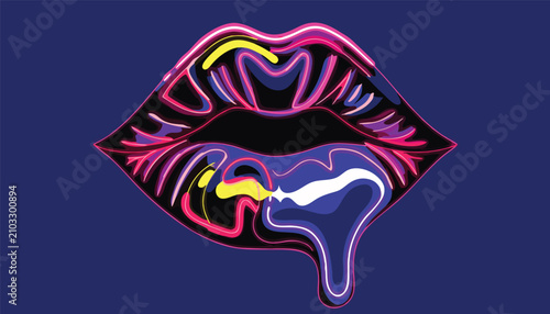 Bild auf Leinwand A neon-lit illustration of lips dripping with color, set against a deep blue background