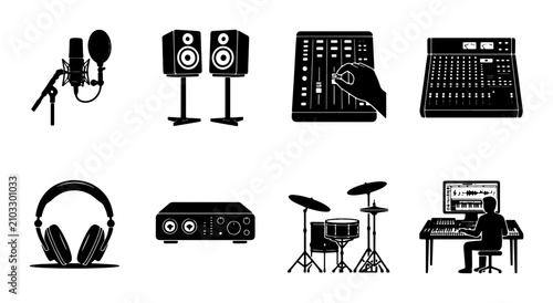 Cuadro en lienzo Music Production Icons Set: Studio Gear, Audio Equipment, Sound Recording, Digit