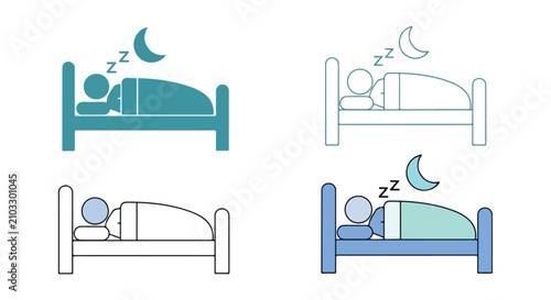 Illustration of a person sleeping in bed under a crescent moon showing four color variations.