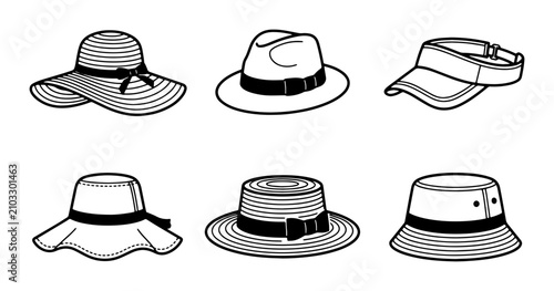 Fotografie Diverse Hat Collection Vector Icons: Sun Hats, Fedoras, Visors, Bucket Hats for
