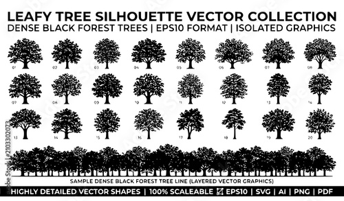 Bild auf Leinwand Generate a distinctive vector illustration containing 28 unique black tree silhouettes with lush dense foliage isolated on a solid white background