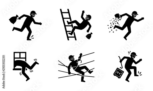Принти на полотні Crime and Danger Icons: Burglar Falling, Climbing, Escaping, Window Entry, Trapp