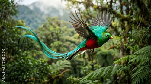Spectacular flight of a vivid green bird.