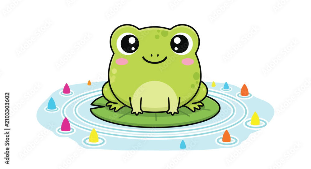Fototapeta premium Cartoon frog perched on a lily pad in a tranquil pond surrounded by floating candles and playful whimsy.
