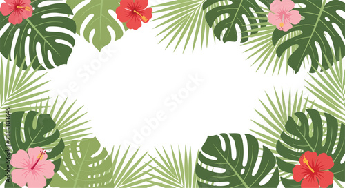 Decorative tropical foliage frame with Monstera leaves and hibiscus flowers forming a vibrant border.