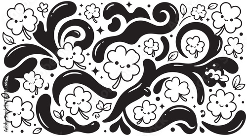 Fotografie Saint Patricks Day doodle vector background with cute smiling four leaf clovers