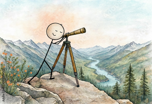 Stick figure looking through a telescope from a mountain peak. Watercolor illustration.