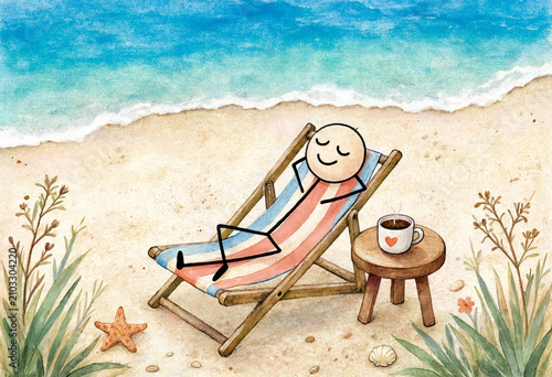 Stick figure relaxing on a sun lounger at the beach. Watercolor illustration.