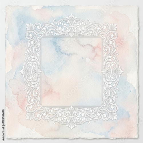 A watercolor-style background with soft pink, blue, and white hues, featuring a delicate white ornate frame