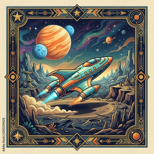 A vibrant illustration of a futuristic spaceship soaring through a cosmic landscape with planets and stars