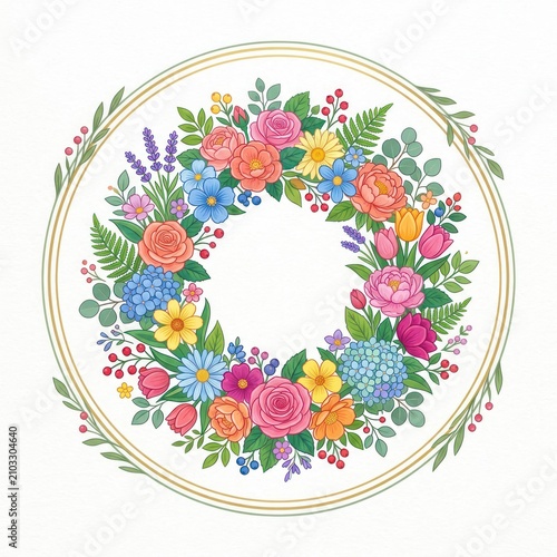 A colorful floral wreath with various flowers, leaves, and berries arranged in a circular pattern surrounded by a double-lined gold border on a white background