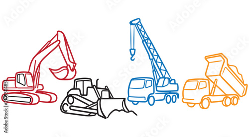 Fotografie Construction vehicles vector doodle illustration set with excavator bulldozer cr