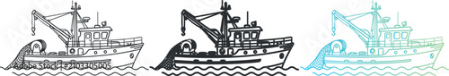 Konstfotografi Set of fishing trawler outlines with linear and neon gradient styles
