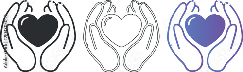Obraz na płótnie Caring hands holding heart symbols in minimalist linear style