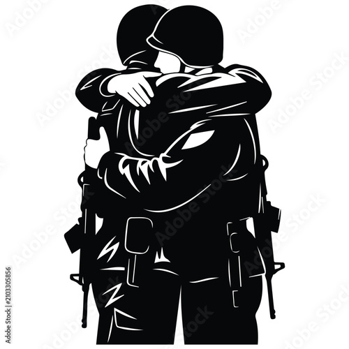 Konstfotografi Soldiers hugging vector illustration showing brotherhood and reunion in black silhouette art
