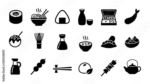 Foto Japanese Food Icons Set - Flat Black Vector Illustrations