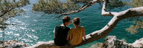 Young couple sitting on coastal pine branch above turquoise sea with golden sunlight for romantic background banner wallpaper