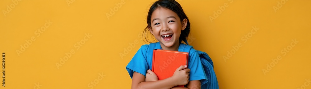 Obraz premium Smiling schoolgirl holding an orange book on a vibrant orange background for back to school poster and education banner