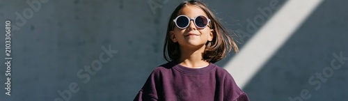 Smiling girl in round sunglasses and purple sweatshirt standing in sunlit urban shadow for modern banner background and lifestyle portrait design