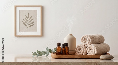 Wellness retreat ideas, a tranquil minimalist spa setting featuring essential oils and soft towels