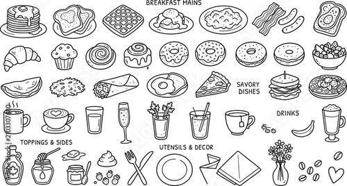 Foto Brunch Food and Drinks Set Naive Doodle Vector Illustration.
