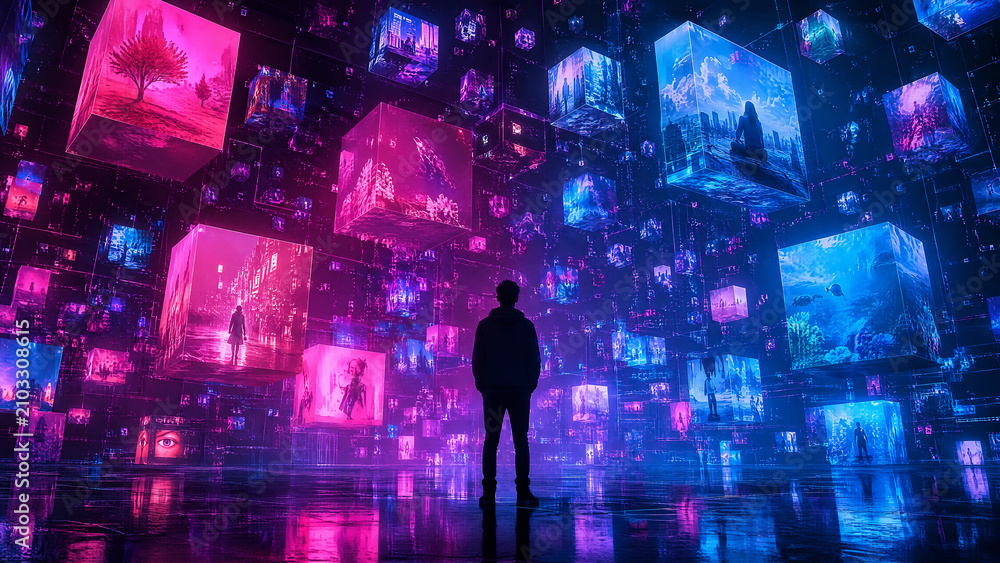 Obraz premium Person standing among glowing digital cubes displaying various virtual worlds
