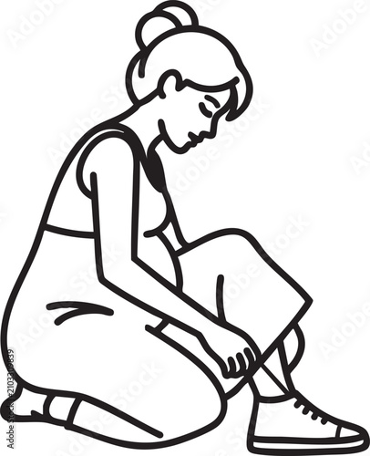 Line art of pregnant woman crouching tying shoe lace with pregnant