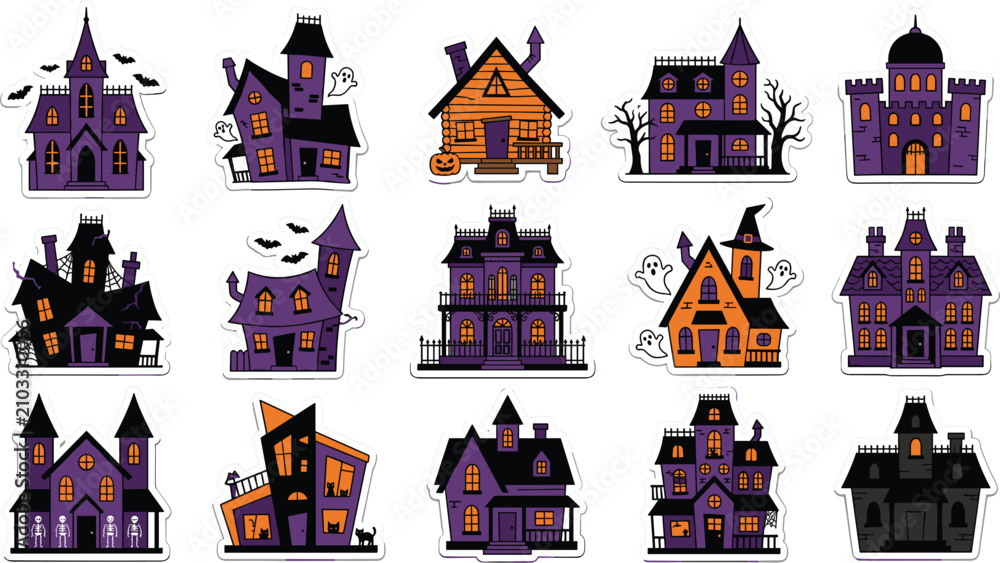 Naklejka premium Set of cute cartoon haunted houses for halloween, collection of spooky mansions and scary homes with ghosts, bats, and pumpkins
