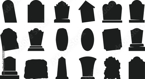 Tombstone silhouettes set gravestone vector icons for cemetery, graveyard, halloween design headstone shapes collection