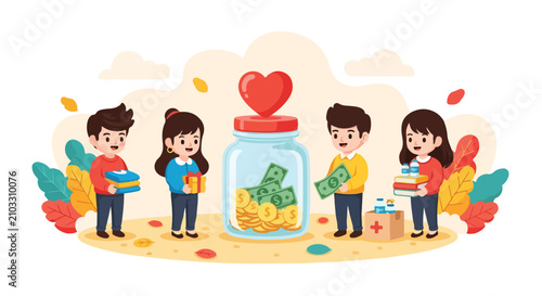 Friendly cartoon characters donate money together to a heart jar in a charity fundraiser scene.