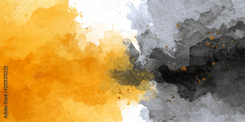 фотографія Abstract Splatter Fusion A vibrant fusion of ochre yellow and dark charcoal gray watercolor splashes creates a dynamic abstract background, evoking a sense of energy and contrast