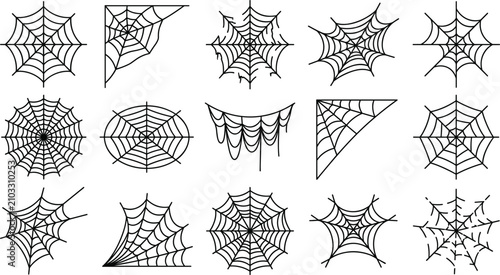 Set of various spider web designs, collection of cobwebs for halloween decoration, vector illustration of different spiderwebs