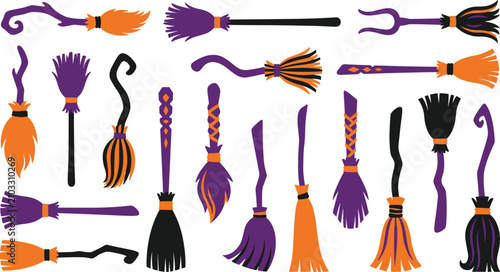 Schilderij op canvas Set of halloween witch brooms, magic broomsticks for flying, vector illustration