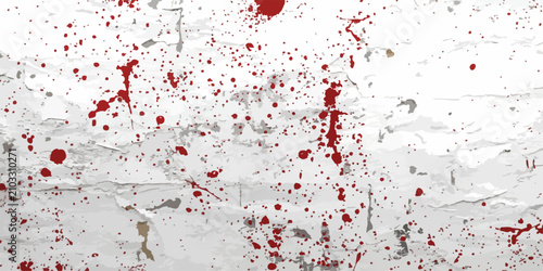 Konstfotografi Crimson Splatter on Textured Surface A stark and visceral depiction of crimson splatters and droplets against a distressed, textured white surface, evoking a sense of unease and dramatic intensity