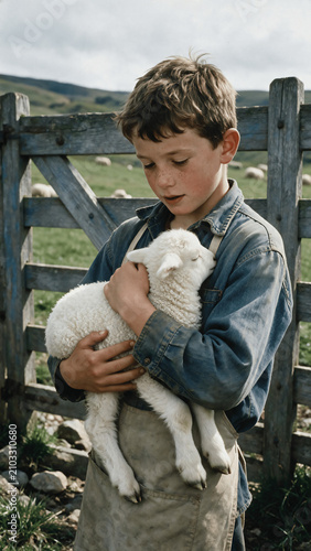 Farm Portrait of Boy and Newborn Lamb