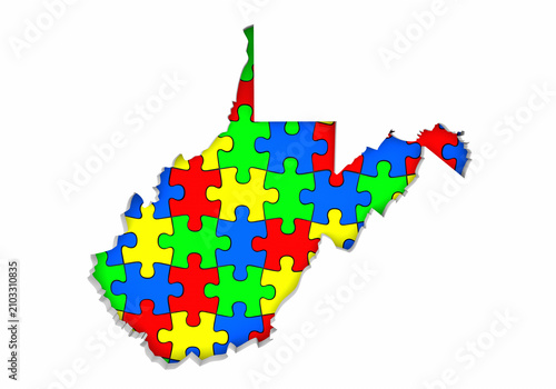 West Virginia WV State Map Autism Puzzle Pieces Awareness Autistic Symbol Spectrum 3d Illustration