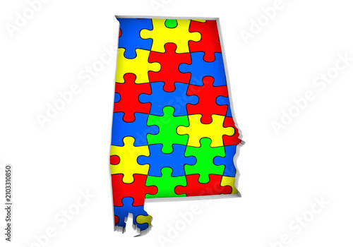 Alabama AL State Map Autism Puzzle Pieces Awareness Autistic Symbol Spectrum 3d Illustration