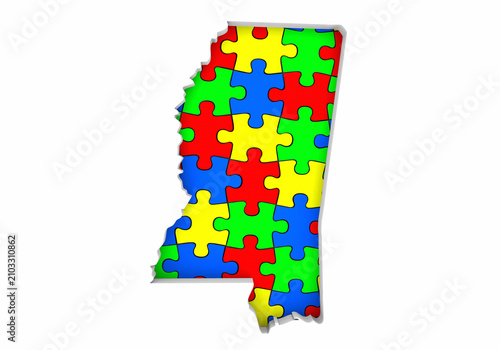 Mississippi MS State Map Autism Puzzle Pieces Awareness Autistic Symbol Spectrum 3d Illustration