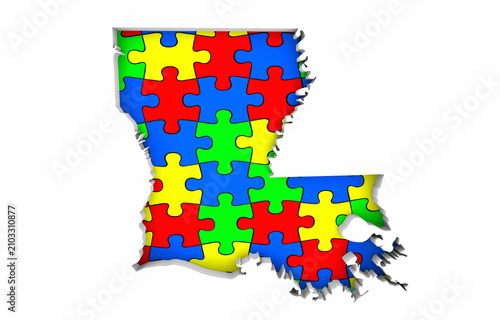 Louisiana LA State Map Autism Puzzle Pieces Awareness Autistic Symbol Spectrum 3d Illustration