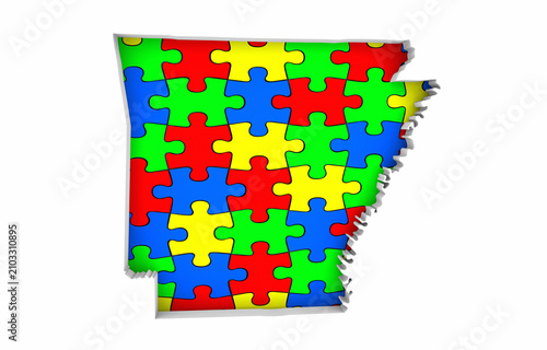 Arkansas AR State Map Autism Puzzle Pieces Awareness Autistic Symbol Spectrum 3d Illustration
