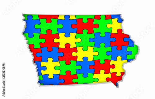 Iowa IA State Map Autism Puzzle Pieces Awareness Autistic Symbol Spectrum 3d Illustration