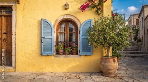 Yellow Mediterranean House with Blue Shutters Arched Window and Olive Tree in Terracotta Pot