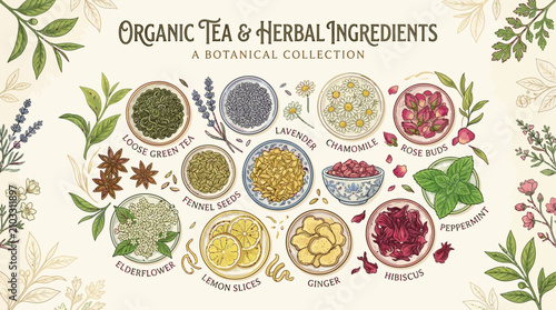 Quadro em tela Vector illustration of organic tea ingredients and herbal botanicals including c