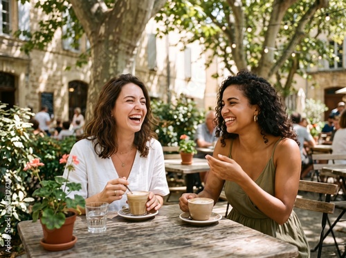 Cheerful diverse female friends laughing at outdoor coffee shop