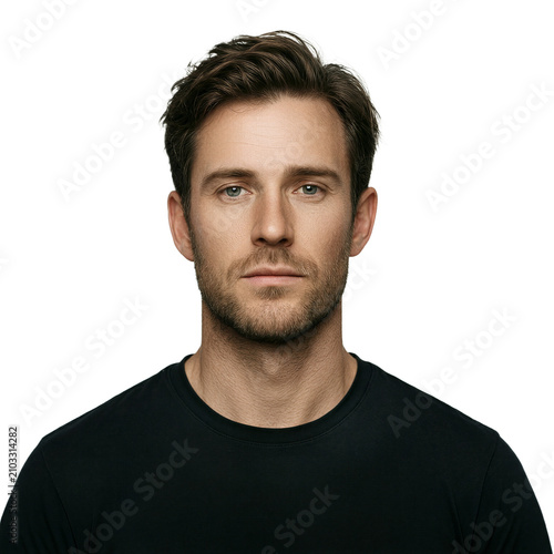 Portrait man isolated 33 year old caucasian male wearing black tshirt with neutral expression on a transparent background