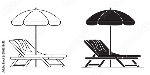 Foto Beach umbrella and deck chair vector icons set for summer travel vacation and resort holiday theme